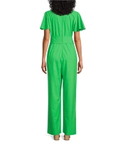 Preston & York Kayla V-Neck Short Flutter Sleeve Tie Belt Jumpsuit