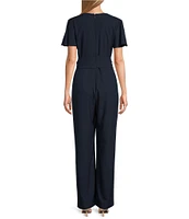 Preston & York Kayla V-Neck Short Flutter Sleeve Tie Belt Jumpsuit