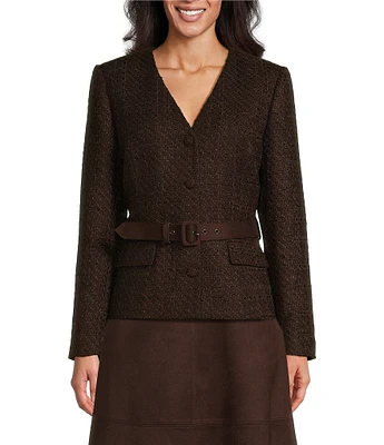 Preston & York Zoey Tweed V-Neck Long Sleeve Suede Belt Coordinating Jacket