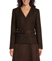 Preston & York Zoey Tweed V-Neck Long Sleeve Suede Belt Coordinating Jacket