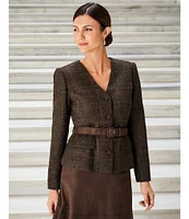 Preston & York Zoey Tweed V-Neck Long Sleeve Suede Belt Coordinating Jacket