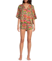 Printfresh Bagheera Floral Satin Thermoregulating Short Sleeve Notch Collar Shorty Pajama Set