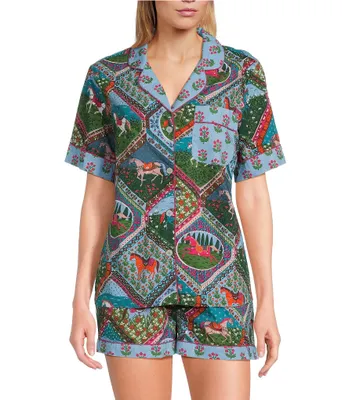 Printfresh High Horse Print Short Sleeve Notch Collar Woven Shorty Pajama Set