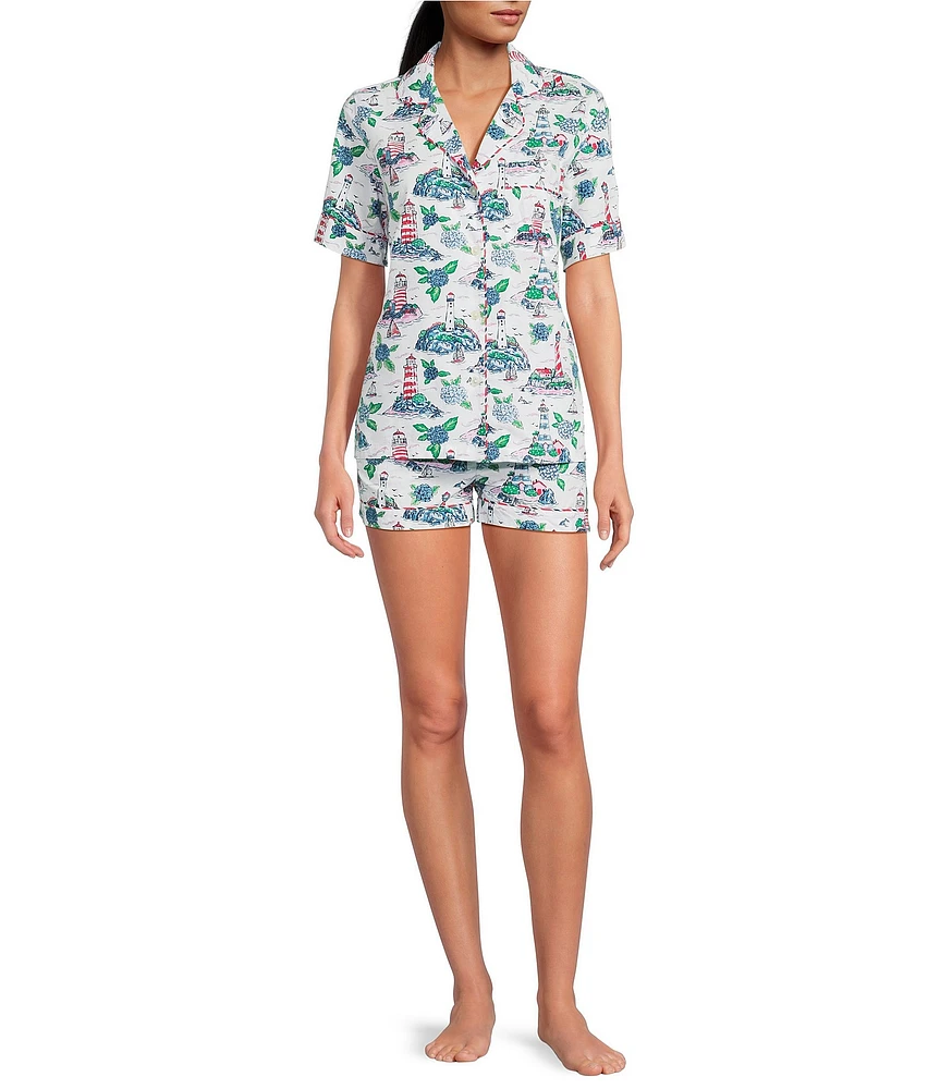 Printfresh Lighthouse Keeper Print Organic Cotton Short Sleeve Notch Collar Woven Shorty Pajama Set