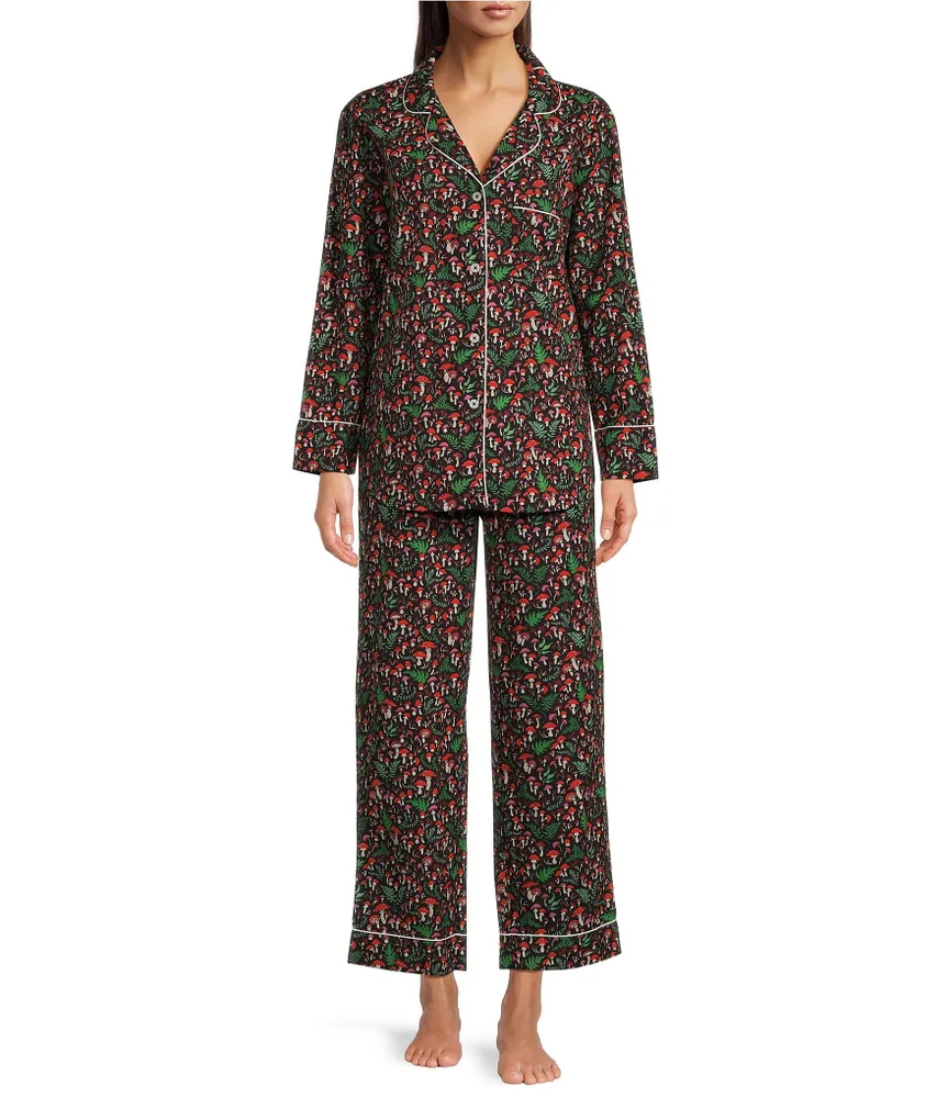 Printfresh Mushroom Print Long Sleeve Notch Collar Woven Pajama Set