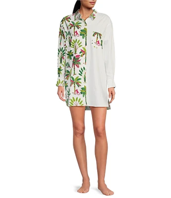 Printfresh Royal Palms Organic Cotton Tropical Print 3/4 Sleeve Notch Collar Button Front Woven Nightshirt