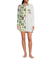 Printfresh Royal Palms Organic Cotton Tropical Print 3/4 Sleeve Notch Collar Button Front Woven Nightshirt