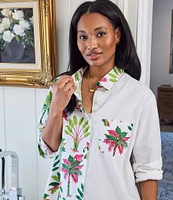 Printfresh Royal Palms Organic Cotton Tropical Print 3/4 Sleeve Notch Collar Button Front Woven Nightshirt