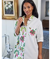 Printfresh Royal Palms Organic Cotton Tropical Print 3/4 Sleeve Notch Collar Button Front Woven Nightshirt