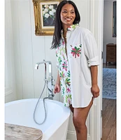 Printfresh Royal Palms Organic Cotton Tropical Print 3/4 Sleeve Notch Collar Button Front Woven Nightshirt