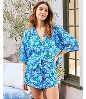 Printfresh Short Sleeve Notch Collar Lucky Daisy Satin Thermoregulating Shorty Pajama Set