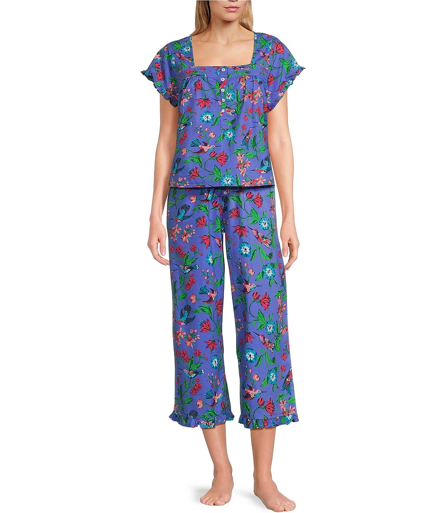 Printfresh Short Sleeve Square Neck Pintuck Detail Woven Hummingbird Floral Print Cropped Pajama Set