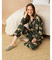 Printfresh Woven Organic Cotton Poplin Bagheera Leopard Print Long Sleeve Notch Collar Pajama Set