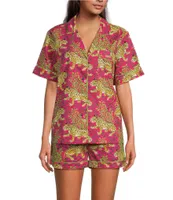 Printfresh Woven Bagheera Leopard Print Short Sleeve Notch Collar Shorty Pajama Set