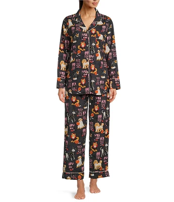 Printfresh Woven Halloween Dog Print Long Sleeve Notch Collar Long Pant Pajama Set