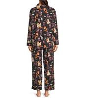 Printfresh Woven Halloween Dog Print Long Sleeve Notch Collar Long Pant Pajama Set