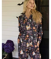 Printfresh Woven Halloween Dog Print Long Sleeve Notch Collar Long Pant Pajama Set