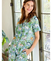 Printfresh Woven Organic Cotton Poplin Must Love Cats Short Sleeve Notch Collar Cropped Pajama Set