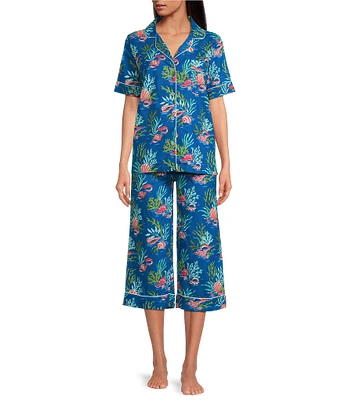 Printfresh Woven Organic Cotton Poplin Ocean Breeze Print Short Sleeve Notch Collar Cropped Pajama Set