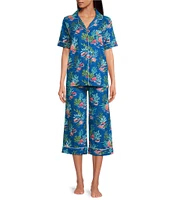 Printfresh Woven Organic Cotton Poplin Ocean Breeze Print Short Sleeve Notch Collar Cropped Pajama Set