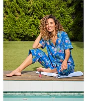 Printfresh Woven Organic Cotton Poplin Ocean Breeze Print Short Sleeve Notch Collar Cropped Pajama Set