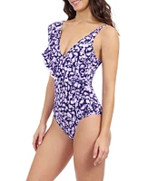 Profile By Gottex Ba Juliette V-Neck Asymmetrical Ruffle Trim Tummy Control One Piece Swimsuit