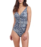 Profile by Gottex Flores Paisley Beaded D-Cup Bra Size V-Neck Tummy Control One Piece Swimsuit