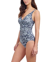 Profile by Gottex Flores Paisley Beaded D-Cup Bra Size V-Neck Tummy Control One Piece Swimsuit