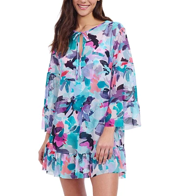 Profile By Gottex Holi Abstract Floral Print High Neck Flounce Sleeves Ruffle Hem Dress Swim Cover-Up