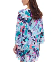 Profile by Gottex Holi Abstract Floral Print High Neck Flounce Sleeves Ruffle Hem Dress Swim Cover-Up