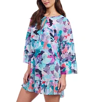 Profile by Gottex Holi Abstract Floral Print High Neck Flounce Sleeves Ruffle Hem Dress Swim Cover-Up