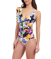 Profile by Gottex Holi Abstract Floral Print Ruffle Surplice V-Neck Tummy Control One-Piece Swimsuit