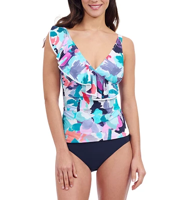 Profile by Gottex Holi Elegant Abstract Floral Ruffle V-Neck Tummy Control Tankini Swim Top