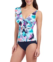 Profile by Gottex Holi Elegant Abstract Floral Ruffle V-Neck Tummy Control Tankini Swim Top