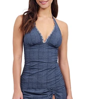 Profile By Gottex Isabelle Jean Print Halter V-Neck Embroidered Lace Trim Tankini Swim Top