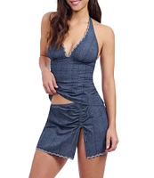 Profile By Gottex Isabelle Jean Print Halter V-Neck Embroidered Lace Trim Tankini Swim Top