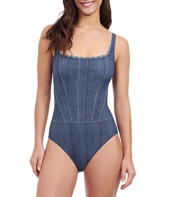 Profile by Gottex Isabelle Jeans Square Neck Mock Corset Embroidered Trim Tummy Control One Piece Swimsuit