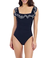 Profile By Gottex Lola Laser-Cut Ruffle Square Neck Tummy Control Bandeau One Piece Swimsuit