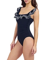 Profile By Gottex Lola Laser-Cut Ruffle Square Neck Tummy Control Bandeau One Piece Swimsuit