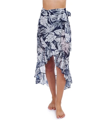 Profile by Gottex Malaya Tropical Leaf Print Ruffle High-Low Wrap Sarong Swim Cover-Up