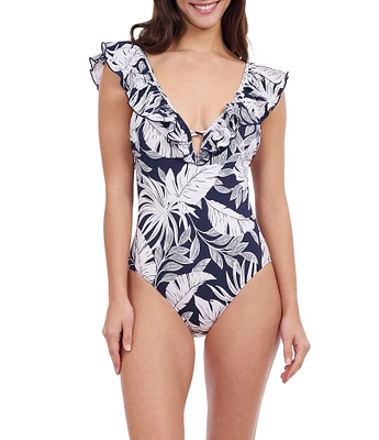 Profile by Gottex Malaya Tropical Leaf Print Ruffle Plunge V-Neck Tummy Control One Piece Swimsuit