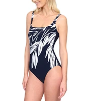 Gottex Nature's Beauty Tropical Leafy Print Square Neck Tummy Control One Piece Swimsuit