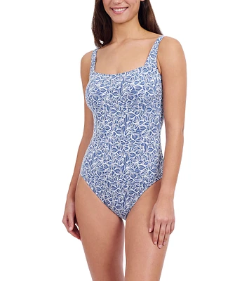 Profile by Gottex Plumeria Texture Knit Leafy Print Square Neck Underwire One-Piece Swimsuit