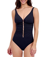 Profile by Gottex Solid Plunge V-Neck Ladder Beaded D-Cup Tummy Control One Piece Swimsuit