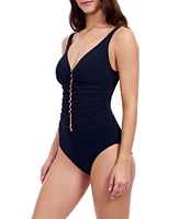 Profile by Gottex Solid Plunge V-Neck Ladder Beaded D-Cup Tummy Control One Piece Swimsuit