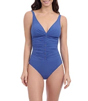 Profile By Gottex Solid V-Neck D-Cup Bra Size Shirred Tummy Control One Piece Swimsuit