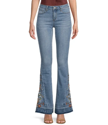 Prosperity Denim High Rise Floral Embroidered Released Hem Flare Leg Jeans