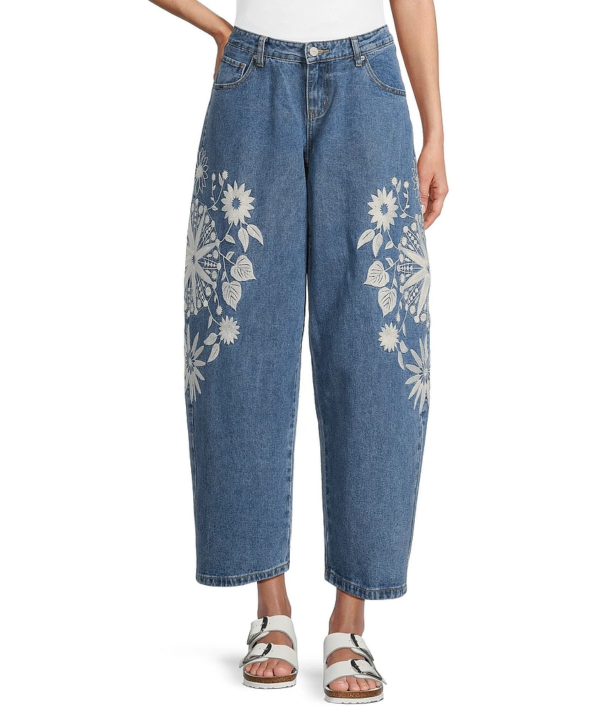 Prosperity Denim Mid Rise Embroidered Barrel Jeans