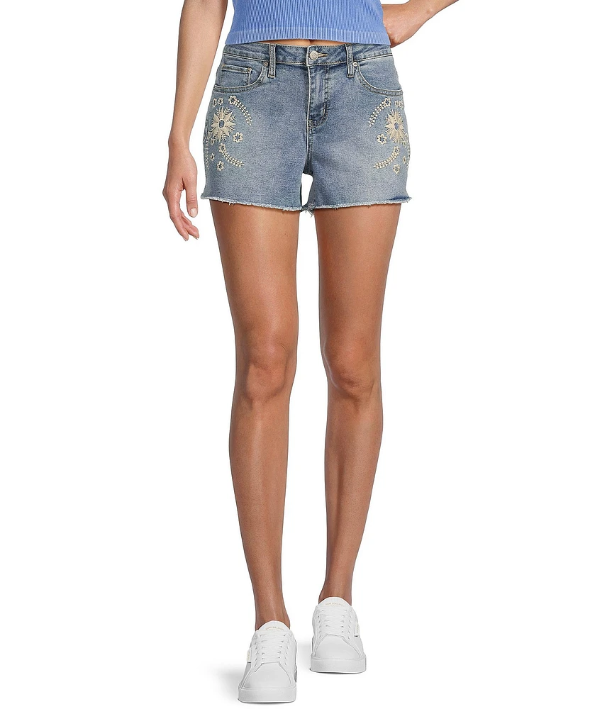 Prosperity Denim Mid Rise Flower Embroidered Frayed Hem Denim Shorts