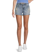 Prosperity Denim Mid Rise Flower Embroidered Frayed Hem Denim Shorts